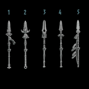 May include: Five different styles of spear heads, all made of gray plastic. The spear heads are numbered 1 through 5.