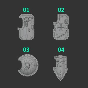 May include: Four different shield designs for tabletop gaming. The shields are made of metal and have various details, including skulls, crosses, and chains.