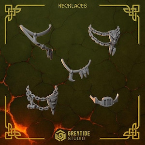May include: An assortment of gray necklaces with various designs, including chain and pendant styles. The word "NECKLACES" is at the top of the image, with the "GREYTIDE STUDIO" logo at the bottom. The background is a textured, dark green.