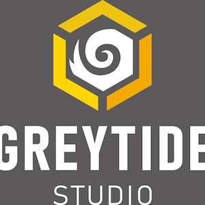 May include: A logo for Greytide Studio, a company that specializes in design and development. The logo features a stylized white wave inside a yellow hexagon.