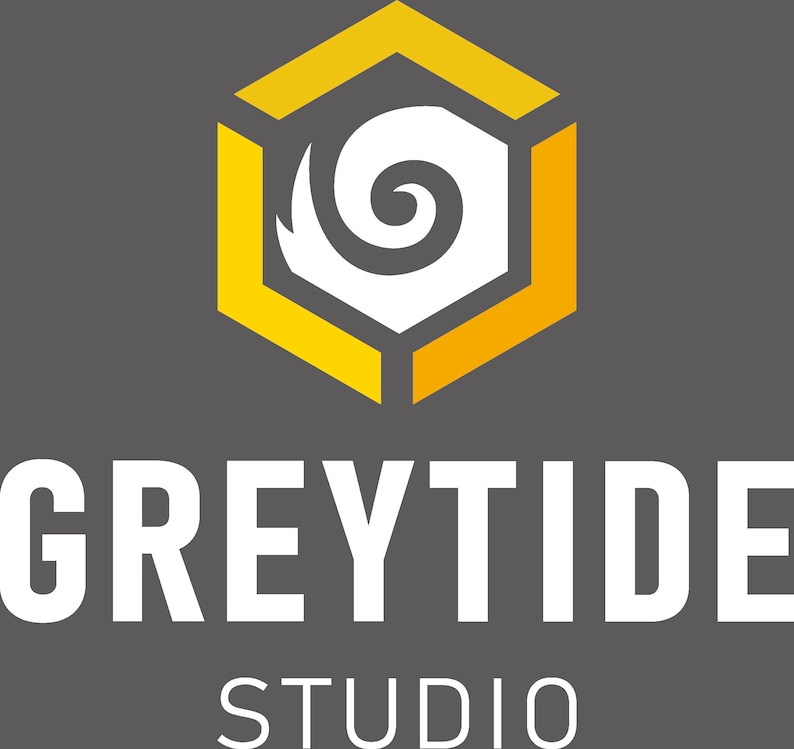 May include: A logo for Greytide Studio, a company that specializes in design and development. The logo features a stylized white wave inside a yellow hexagon.