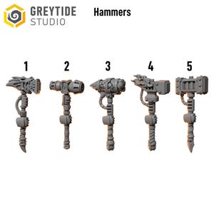 May include: Five gray hammers with unique designs are displayed. The hammers have various head shapes, including a dragon-like head, a cylindrical head, and a rectangular head. The handles are detailed with mechanical elements, and the text "Hammers" is visible.