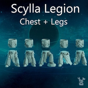 May include: A collection of light gray miniature chest and leg armor pieces. The text "Scylla Legion" and "Chest + Legs" are displayed in white. The armor pieces have detailed designs, including patterns and textures.