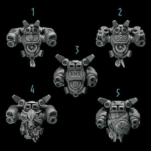 May include: Five 3D printed models of a futuristic backpack with different designs. The backpacks have a variety of details, including skulls, runes, and other decorative elements.