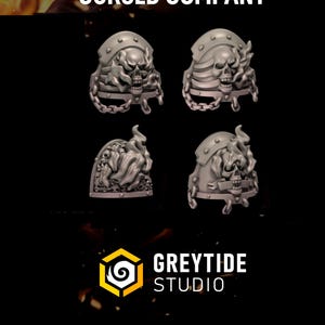 May include: Four detailed, gray skull-themed helmet designs. Each helmet features a skull face, chain accents, and a decorative top. The text "CURSED COMPANY" is at the top, with "GREYTIDE STUDIO" at the bottom.