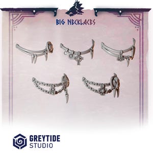 May include: Five gray necklaces with various designs, including chain and pendant styles. The image features the text "BIG NECKLACES" at the top and the "GREYTIDE STUDIO" logo at the bottom. The necklaces have a gothic or fantasy theme.