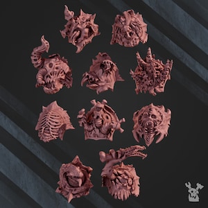 May include: A set of 11 detailed, 3D printed, resin miniature skulls with various designs. The skulls are in a light pink color and have intricate details, including teeth, horns, and other bone-like features.