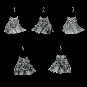 May include: Five different styles of grey 3D printed capes with various embellishments, including feathers, beads, and a wolf head. The capes are numbered 1 through 5.