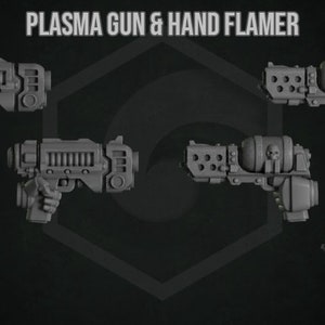 May include: A 3D printed model of a plasma gun and hand flamer for a miniature wargame. The model is shown from multiple angles, showcasing the details of the weapon.