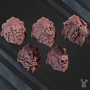 May include: Five 3D printed resin miniatures of different skull designs. Each skull is detailed with teeth, eyes, and other features. The skulls are all different colors, including black, white, and gray.