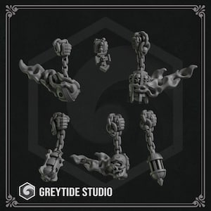 May include: Six 3D printed miniature models of skeletal hands holding various objects, including a skull, a lantern, and a cage. The models are all in a gray color and have a textured surface. The models are arranged in a circle on a black background.