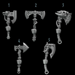 May include: Five different axe designs, each with a unique head and handle. The axes are made of a gray material and have a variety of details, including skulls, runes, and animal heads.