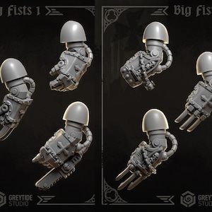 May include: A collection of gray miniature mechanical arms with various attachments, including fists, blades, and claw-like structures. The arms are designed with intricate details and are likely for a tabletop game or model kit. The text "Big Fists" and "GreyTide Studio" are visible.
