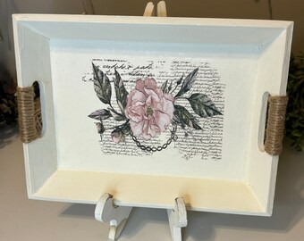 Vintage French Country Inspired Jewelry Accent Decorative Tray, Small Wooden Tray with Vintage Inspired Distressed Flower Print