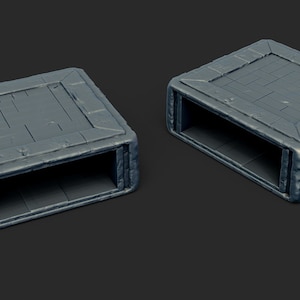 May include: Two wooden crates with open tops. The crates are made of rough-hewn wood and have a rustic appearance.