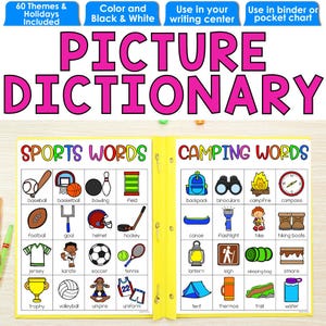 May include: Two yellow pages with black outlines, each with a grid of 16 squares. The top page has the title "SPORTS WORDS" and the bottom page has the title "CAMPING WORDS". Each square contains a black and white illustration of a word related to the title. For example, the top page has illustrations of baseball, basketball, bowling, field, football, goal, helmet, hockey, jersey, karate, soccer, tennis, trophy, volleyball, umpire, and uniform. The bottom page has illustrations of backpack, binoculars, campfire, compass, canoe, flashlight, hike, hiking boots, lantern, sign, sleeping bag, s'more, tent, thermos, trail, and water.