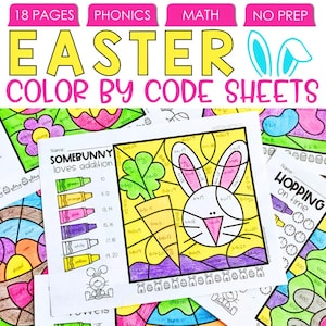 May include: A set of 18 printable Easter-themed color by code worksheets for kids. The worksheets feature a bunny rabbit, carrots, and Easter eggs. The worksheets are designed for math practice and include addition problems.