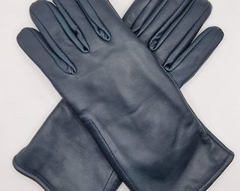 Women Genuine Leather Three Lined Navy Blue Winter Gloves Free Delivery