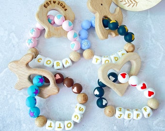 Bracelet personnalisé prénom pour bébé, jouet sensoriel, hochet prénom pour bébé, cadeau de baby shower, perles en silicone de qualité alimentaire, hochet en bois, plus de couleurs !