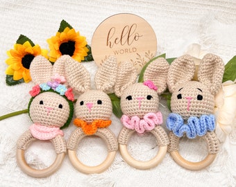 Hochet animal personnalisé au crochet, cadeau de baby shower personnalisé, hochet en bois pour bébé, jouet Montessori, cadeaux personnalisés pour bébé, cadeau nouveau-né pour Noël