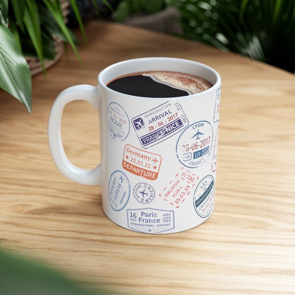 This "World Visa Stamp I" 11oz mug, Traveler Coffee Cup, Traveler Enthusiast Mug, Visa Stamp Mug, Traveler Visa Mug, Travel Stamp Cup