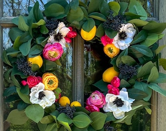 Corona exótica de primavera y verano / Corona de flores de limón coloridas / Regalo perfecto para mamá / Flores de anémonas Ranunculus