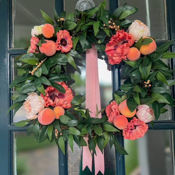 Large greenery Wreath| Colorful peach fruit flower Wreath| Rustic charm front door decor| Anemones Peony Flowers| Summer porch wall decor