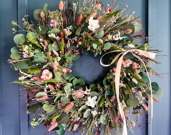 Corona de flores secas de primavera / Decoración de puerta rústica / Corona boho