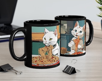 Kaffee-/Teetasse für Katzenliebhaber, Geschenk für Sie und Ihn – 2 süße Kätzchen, die Spaghetti Ramen essen – Geschenke für Katzenmütter in der Küche oder im Büro