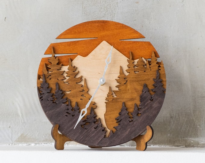 Mountain wall clock, Forest wall clock, Landscape clock, Nature wall clock, Tree wall clock, Mountain wood wall art, Mountain forest clock