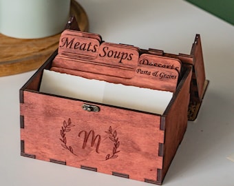 Boîte de recettes en bois avec séparateurs, Boîte de recettes en bois personnalisée, Porte-cartes de recettes, Boîte de recettes personnalisée, Boîte de recettes de famille, Rangement de recettes