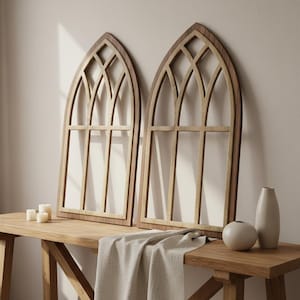 Kathedrale Fenster Rahmen Holzpaneelen, Holz Wanddekoration, Gewölbtes Fenster Wandkunst, Bauernhaus Wandbehang, 3er-Set
