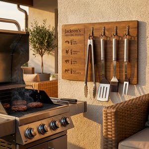 Personalisierter Sperrholz-Grill-Werkzeughalter, kundenspezifischer Grillstation-Wand-Organisator, hölzernes Grill-Utensilienregal, Vatertagsgeschenk