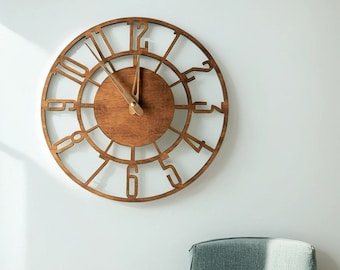 Grande horloge murale en bois, horloge murale avec chiffres, horloge avec chiffres arabes, horloge murale découpée au laser, horloge en bois rustique, horloge murale en bois moderne