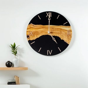 Epoxy resin clock, Resin wood wall clock, Black and gold wall clock, Black marble wall clock, Geode wall clock, Roman numeral clock