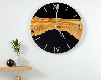 Epoxidharz-Uhr, Harz-Holz-Wanduhr, schwarz-goldene Wanduhr, Wanduhr aus schwarzem Marmor, Geode-Wanduhr, Uhr mit römischen Ziffern