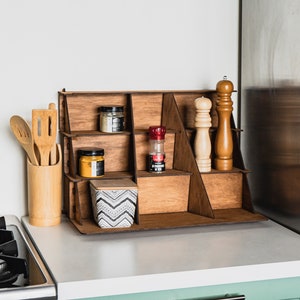 Wooden spice shelf, Wooden spice rack, Spice jar rack, Tiered spice rack, Spice cabinet, Seasoning holder, Seasoning organizer