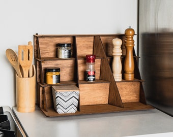 Wooden spice shelf, Wooden spice rack, Spice jar rack, Tiered spice rack, Spice cabinet, Seasoning holder, Seasoning organizer