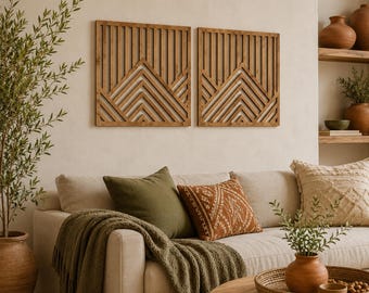 Zestaw 2 geometrycznych drewnianych dekoracji ściennych, nowoczesne panele ścienne ze sklejki, dekoracja ścienna w stylu boho, skandynawska dekoracja ścienna, minimalistyczna drewniana dekoracja ścienna