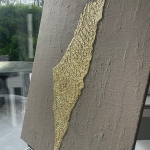 Goldenes Israel. Strukturiertes Kunstwerk auf Leinwand, Gold und Beige, Blattgold, Judaica.