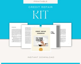 May include: A printable credit repair kit with a handbook, introduction, and credit scoring sections. The cover of the handbook features a hand writing "Fix Your Credit" on a white board.