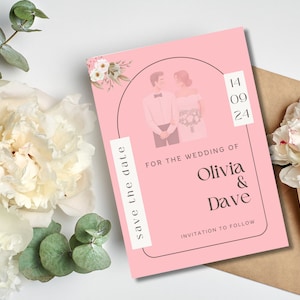 May include: Pink save the date card with a floral design and a photo of a couple. The text reads "Save the Date" and "For the Wedding of Olivia & Dave" with the date "14 09 24".