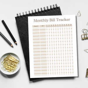 May include: A printable monthly bill tracker with a beige and white color scheme. The tracker has a column for the bill name, amount, and 31 days of the month.