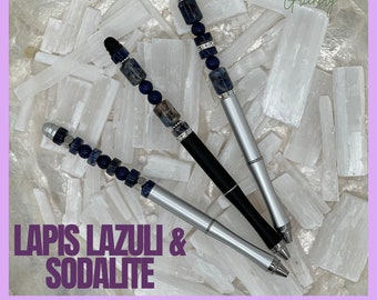 Bolígrafo de lapislázuli y sodalita/ Bolígrafo de cristal/ Bolígrafo con punta fina/ Bolígrafo de manifestación/ Regalos/ Regalo de diario/ Bolígrafo de intención/ Bolígrafo curativo/ Recarga de tinta