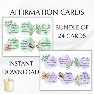 Tarjetas de afirmaciones imprimibles para empoderamiento, autocuidado y crecimiento personal. Manifieste felicidad y confianza con esta baraja de afirmaciones.