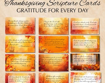 Könnte beinhalten: 40 druckbare Thanksgiving-Schriftkarten mit dem Text "Dankbarkeit für jeden Tag". Jede Karte zeigt einen Bibelvers vor einem herbstlichen Hintergrund mit Blättern und Kürbissen.