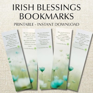 May include: Four Irish Blessings bookmarks with floral designs and inspirational quotes. The bookmarks are white with green and blue floral accents. The text "IRISH BLESSINGS BOOKMARKS" is at the top.