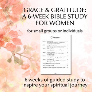 Pode incluir: Um estudo bíblico de 6 semanas, "Grace & Gratidão", para mulheres, projetado para pequenos grupos ou indivíduos. A imagem apresenta uma página de conteúdo e decorações florais, oferecendo uma jornada espiritual guiada.
