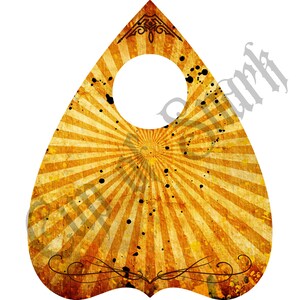 May include: A vintage-style planchette with a sunburst design in shades of yellow and brown. The planchette features a large circular opening and is decorated with black splatters and ornate flourishes. The top has a decorative design.