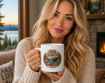 Hello Tahoe Mug, Lake Tahoe Coffee Mug, Vintage California Mug, Mountain Lake Gift, Hiking, Outdoor, Cozy Cabin Coffee Cup, Great Gift, 20oz